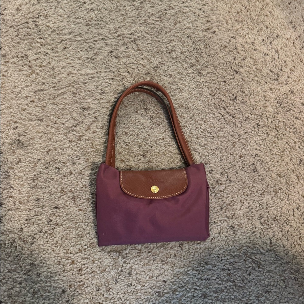 Longchamp Purple Tote with Brown Handles